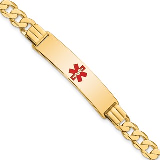 14K Medical Solid Chain/Solid Plate 40x10mm Centered Red Enamel Curb Link 7 inch ID Bracelet
