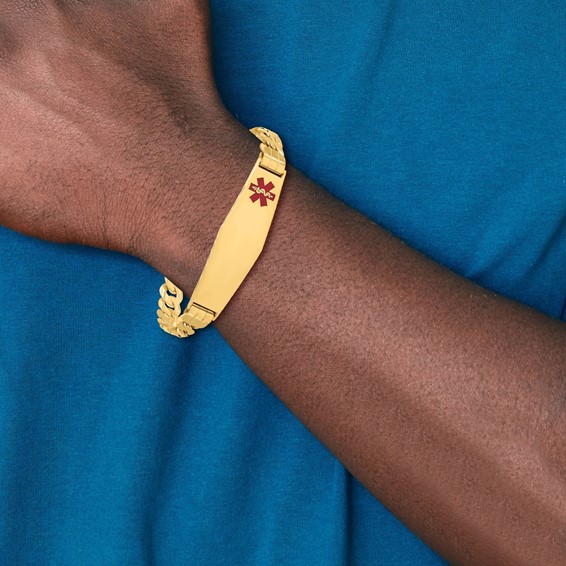 14K Medical Solid Chain/Solid Plate Soft Diamond Shape 39x12mm Off-Center Red Enamel Curb Link 8 inch ID Bracelet