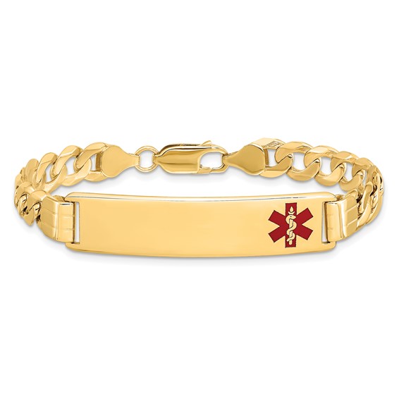 14K Medical Solid Chain/Solid Plate 40x10mm Off-Center Red Enamel Curb Link 8 inch ID Bracelet