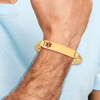 14K Yellow Gold Medical Solid Chain Solid Plate 40x10mm Off-Center Red Enamel Curb Link ID Bracelet - 8in view 5