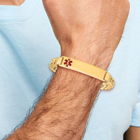 14K Medical Solid Chain/Solid Plate 40x10mm Off-Center Red Enamel Curb Link 8 inch ID Bracelet