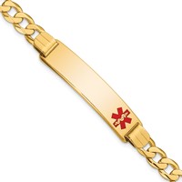 14K Yellow Gold Medical Solid Chain Solid Plate 40x10mm Off-Center Red Enamel Curb Link ID Bracelet - 8in view 1