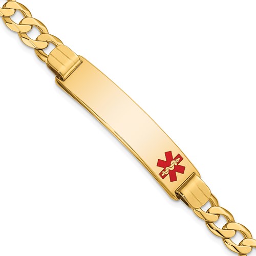 14K Yellow Gold Medical Solid Chain Solid Plate 40x 10mm Off-Center Red Enamel Curb Link ID Bracelet, 8"