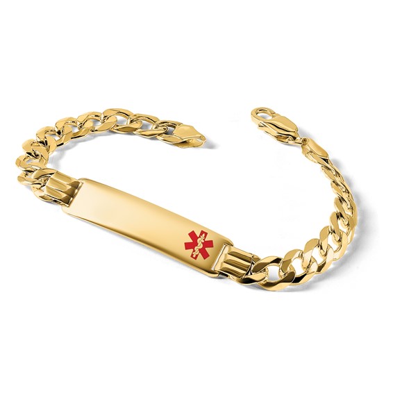 14K Medical Solid Chain/Solid Plate 40x10mm Off-Center Red Enamel Curb Link 8 inch ID Bracelet