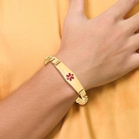 14K Medical Solid Chain Solid Plate Soft Diamond Shape 40x12mm Centered Red Enamel Flat Curb Link 8 Inch ID Bracelet view 5
