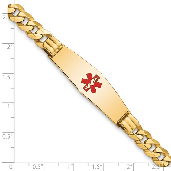 14K Medical Solid Chain/Solid Plate Soft Diamond Shape 40x12mm Centered Red Enamel Flat Curb Link 8 inch ID Bracelet