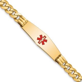 14K Medical Solid Chain/Solid Plate Soft Diamond Shape 40x12mm Centered Red Enamel Flat Curb Link 8 inch ID Bracelet