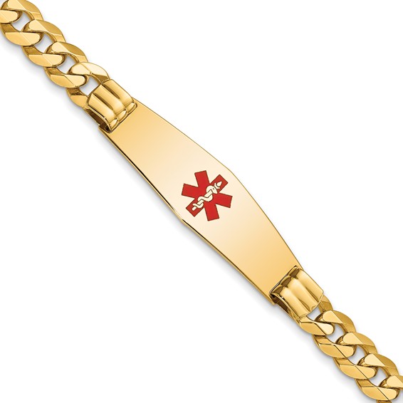 14K Medical Solid Chain/Solid Plate Soft Diamond Shape 40x12mm Centered Red Enamel Flat Curb Link 8 inch ID Bracelet
