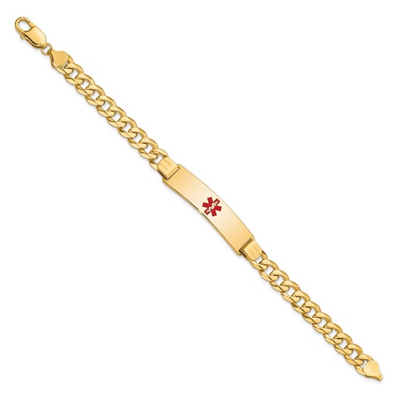 14K Medical Solid Chain/Solid Plate 40x10mm Centered Red Enamel Flat Curb Link 8 inch ID Bracelet