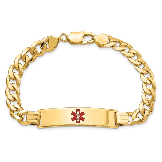14K Medical Solid Chain/Solid Plate 40x10mm Centered Red Enamel Flat Curb Link 8 inch ID Bracelet