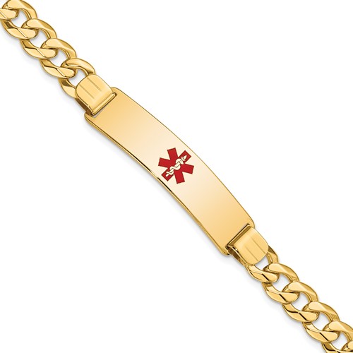 14K Yellow Gold Medical Solid Chain Solid Plate 40x 10mm Centered Red Enamel Flat Curb Link ID Bracelet, 8"