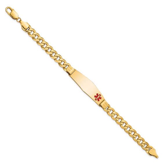 14K Medical Solid Chain/Solid Plate Soft Diamond Shape 39x12mm Off-Center Red Enamel Flat Curb Link 8 inch ID Bracelet