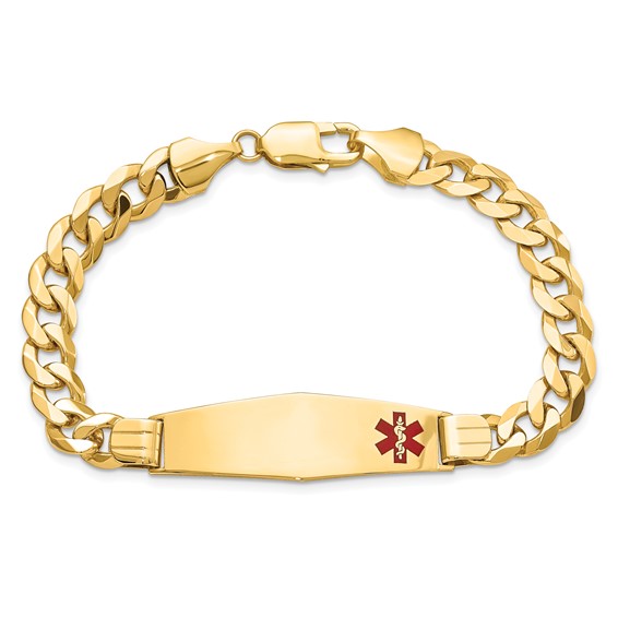 14K Medical Solid Chain/Solid Plate Soft Diamond Shape 39x12mm Off-Center Red Enamel Flat Curb Link 8 inch ID Bracelet
