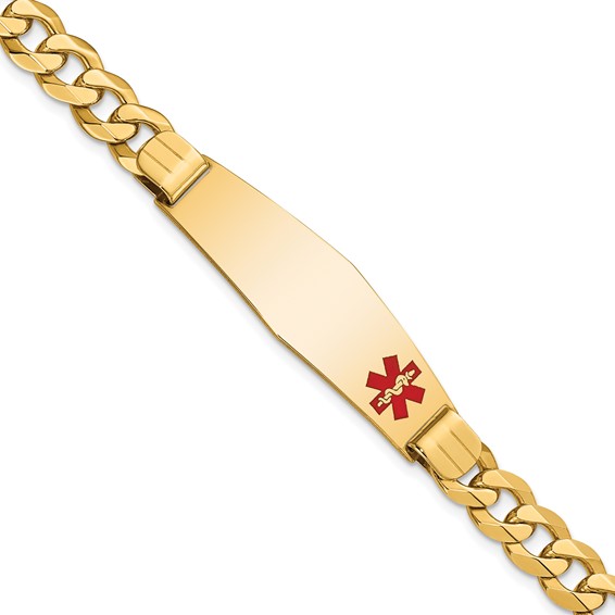14K Medical Solid Chain/Solid Plate Soft Diamond Shape 39x12mm Off-Center Red Enamel Flat Curb Link 8 inch ID Bracelet