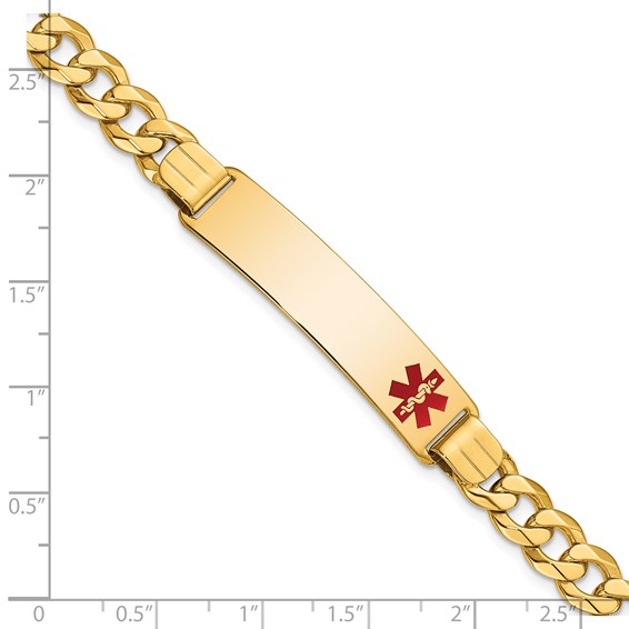 14K Medical Solid Chain/Solid Plate 40x10mm Off-Center Red Enamel Flat Curb Link 8 inch ID Bracelet