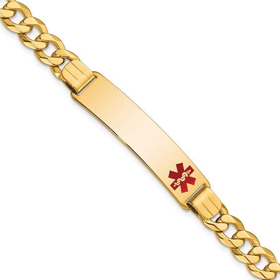 14K Medical Solid Chain/Solid Plate 40x10mm Off-Center Red Enamel Flat Curb Link 8 inch ID Bracelet