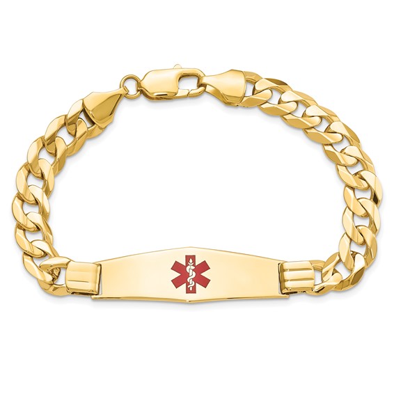14K Medical Solid Chain/Solid Plate Soft Diamond Shape 40x12mm Centered Red Enamel Curb Link 8 inch ID Bracelet