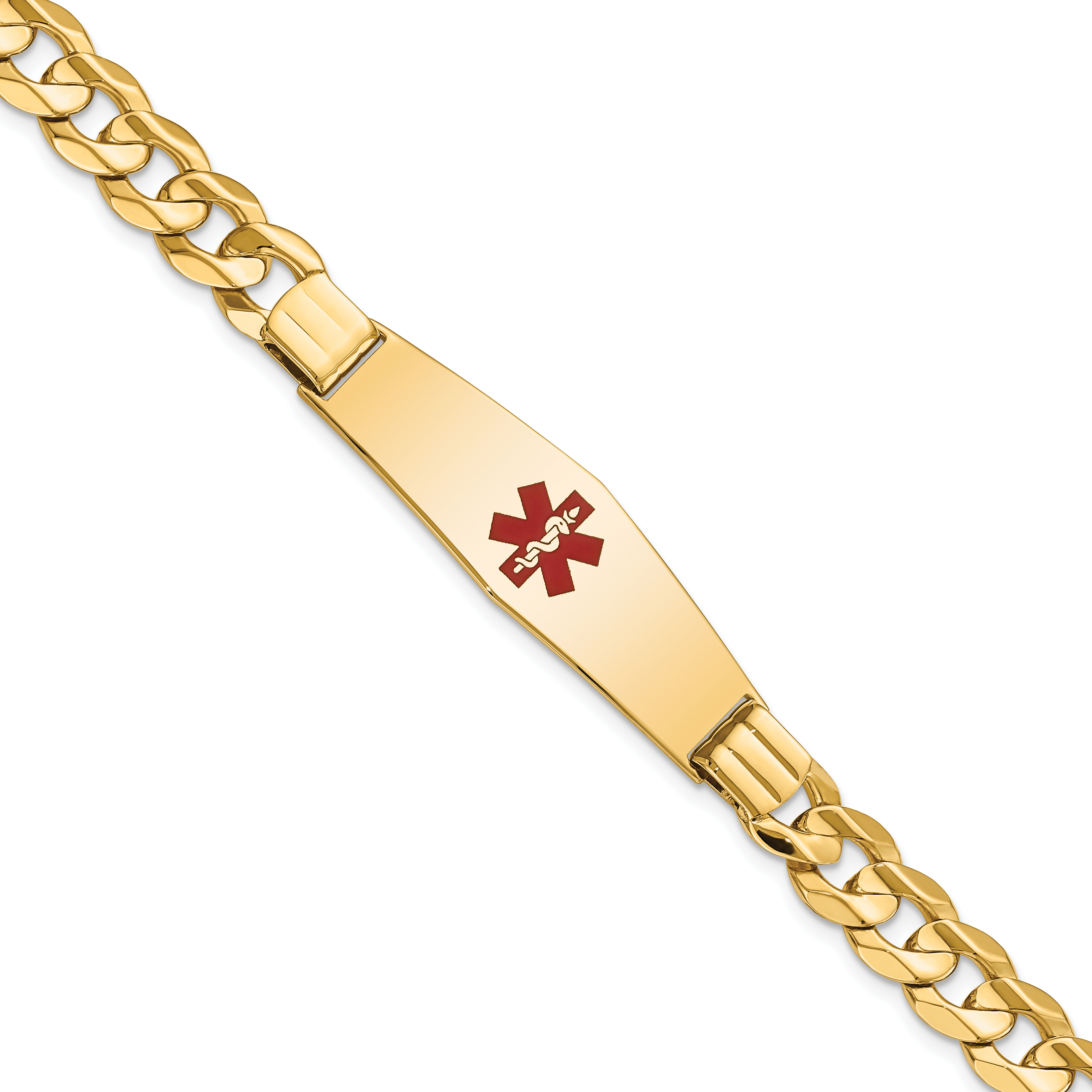 14K Medical Solid Chain/Solid Plate Soft Diamond Shape 40x12mm Centered Red Enamel Curb Link 8 inch ID Bracelet (XM583CC-8)