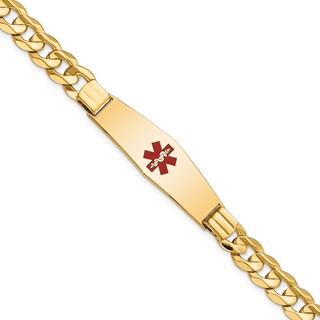 14K Medical Solid Chain/Solid Plate Soft Diamond Shape 40x12mm Centered Red Enamel Curb Link 8 inch ID Bracelet