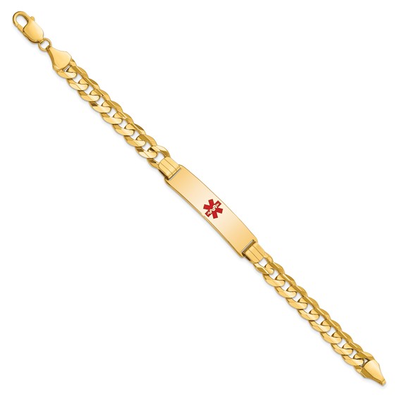 14K Medical Solid Chain/Solid Plate 40x10mm Centered Red Enamel Curb Link 8 inch ID Bracelet