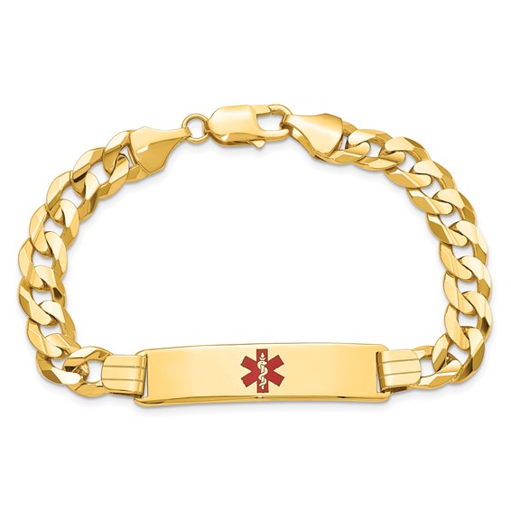 14K Medical Solid Chain/Solid Plate 40x10mm Centered Red Enamel Curb Link 8 inch ID Bracelet