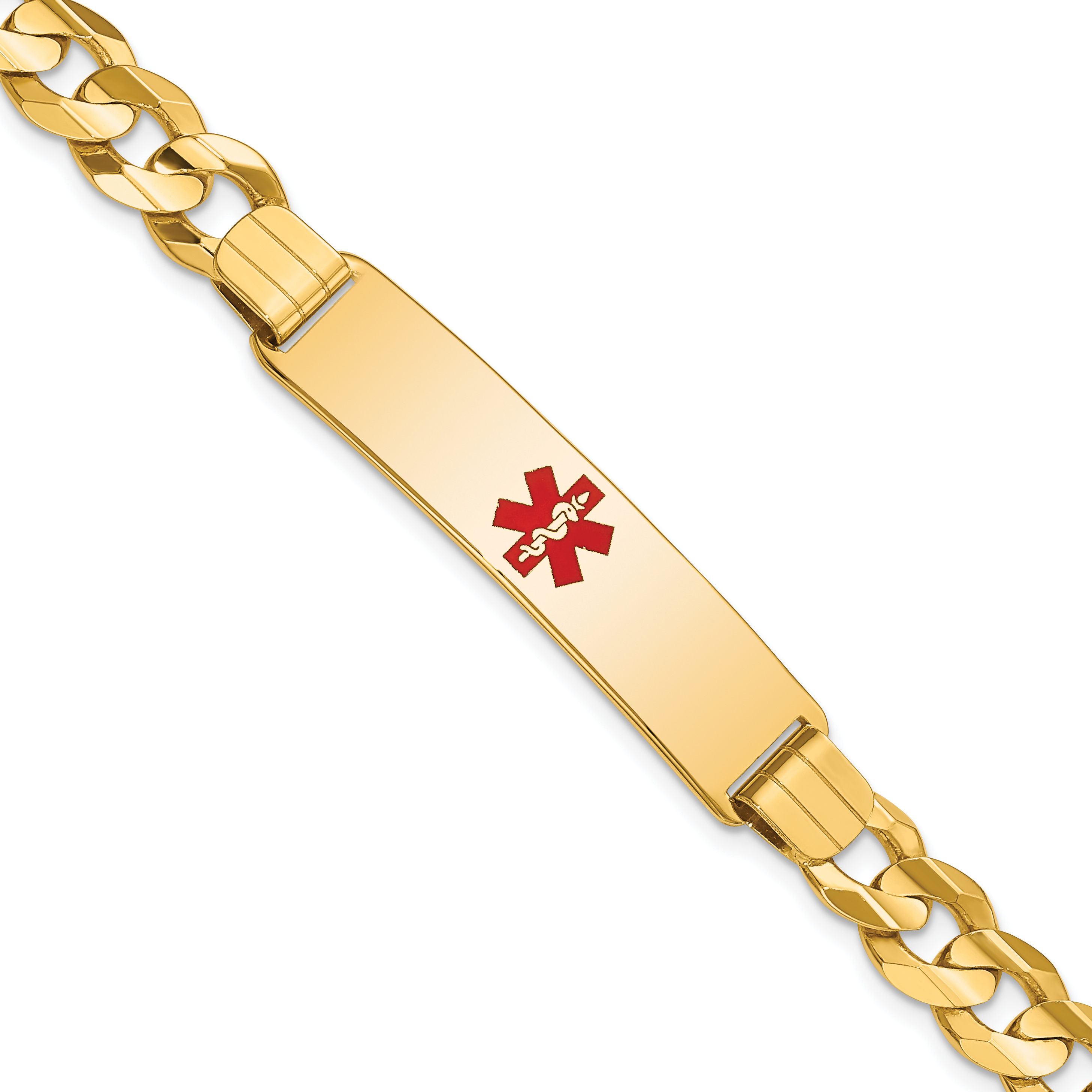14K Medical Solid Chain/Solid Plate 40x10mm Centered Red Enamel Curb Link 8 inch ID Bracelet (XM583CR-8)