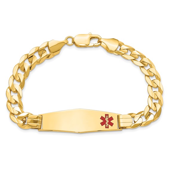 14K Medical Solid Chain/Solid Plate Soft Diamond Shape 39x12mm Off-Center Red Enamel Curb Link 8 inch ID Bracelet