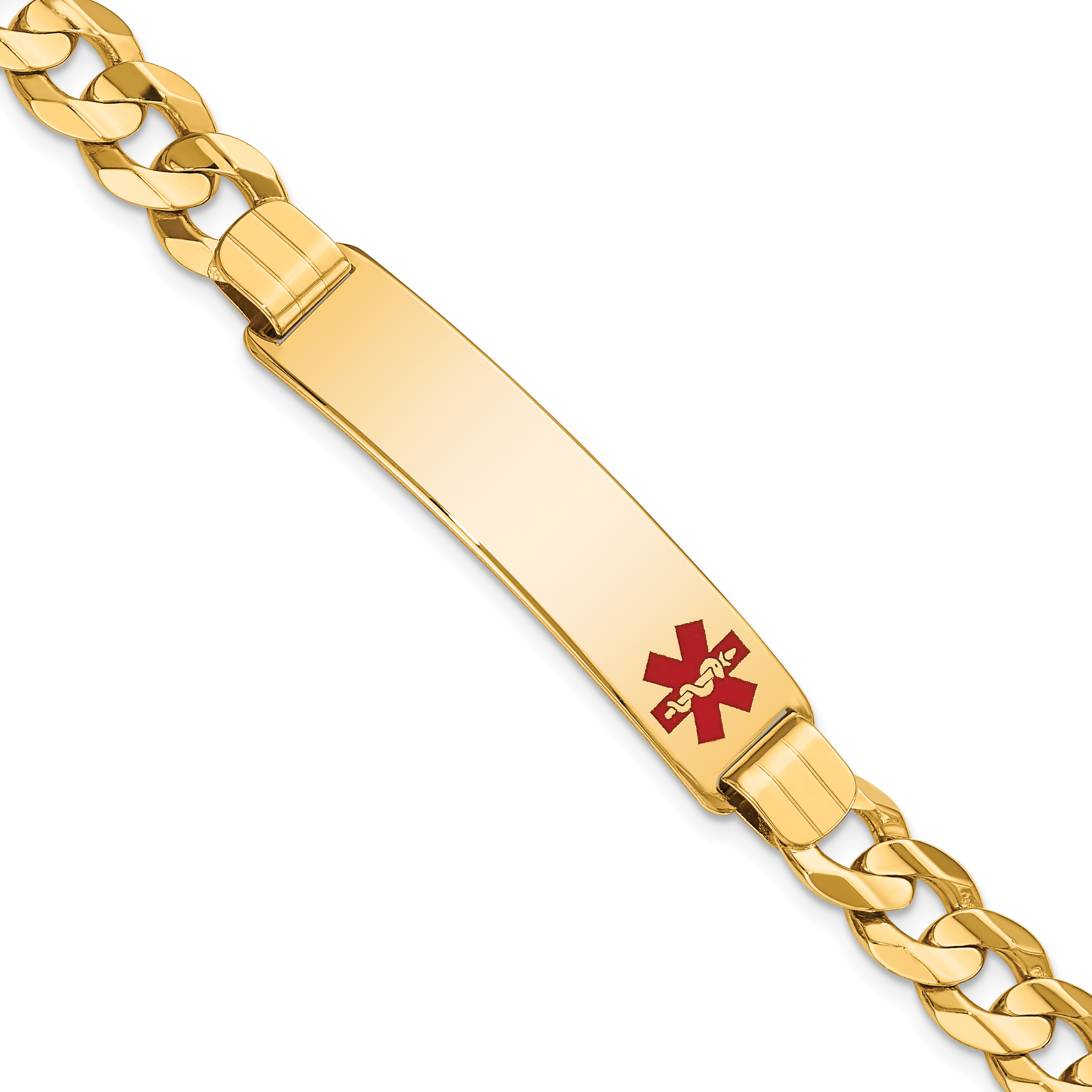 14K Medical Solid Chain/Solid Plate 40x10mm Off-Center Red Enamel Curb Link 8 inch ID Bracelet (XM583FR-8)