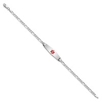 14K White Gold Medical Solid Chain Solid Plate 24x 7mm Soft Diamond Shape Centered Red Enamel Figaro Link ID Bracelet, 7" view 2