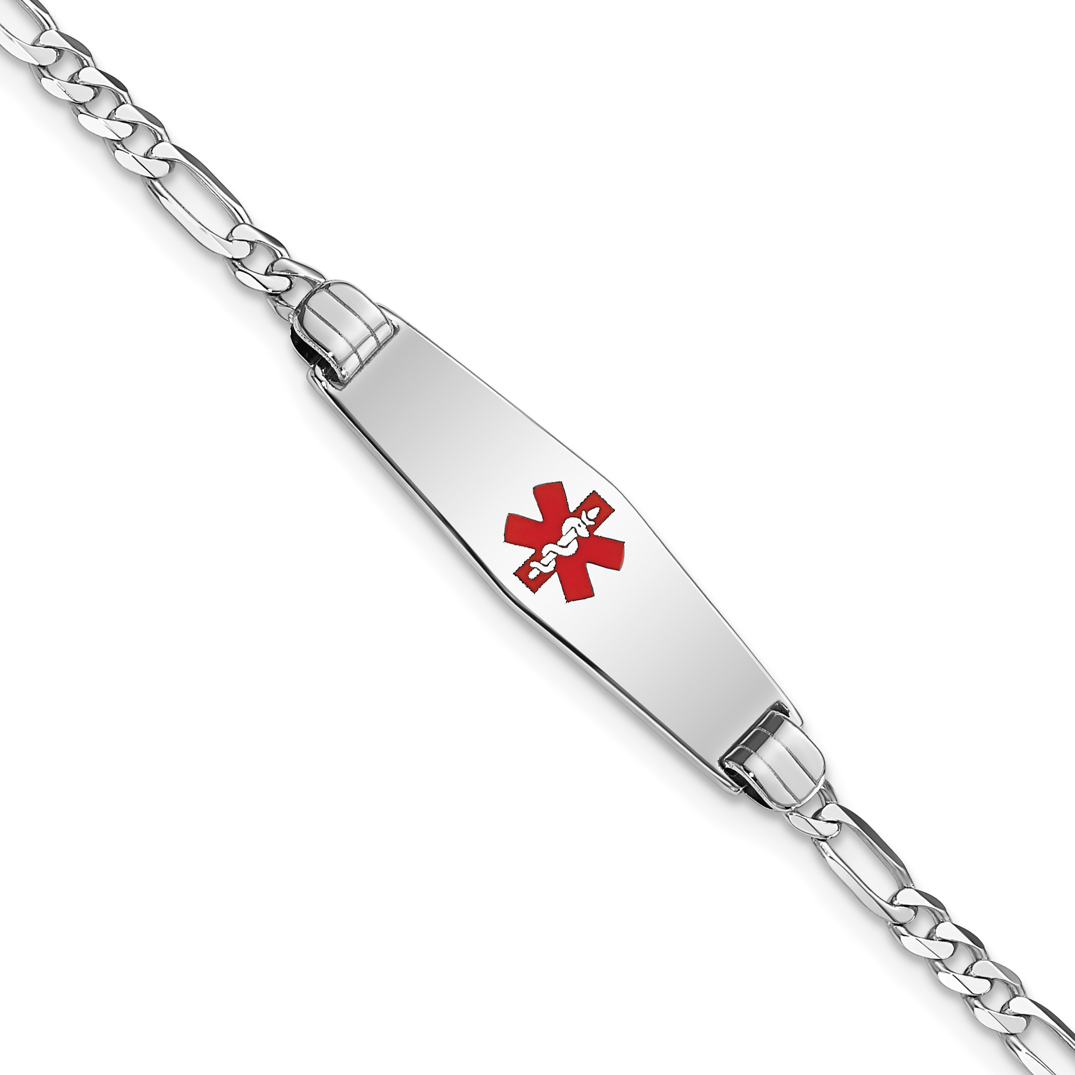 14K White Gold Medical Solid Chain/Solid Plate 24x7mm Soft Diamond Shape Centered Red Enamel Figaro Link 7 inch ID Bracelet (XM584CCW-7)