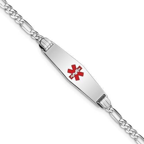 14K White Gold Medical Solid Chain Solid Plate 24x 7mm Soft Diamond Shape Centered Red Enamel Figaro Link ID Bracelet, 7"