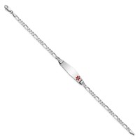 14K White Gold Medical Solid Chain Solid Plate 26x7mm Soft Diamond Shape Off-Center Red Enamel Figaro Link 7 Inch ID Bracelet view 2