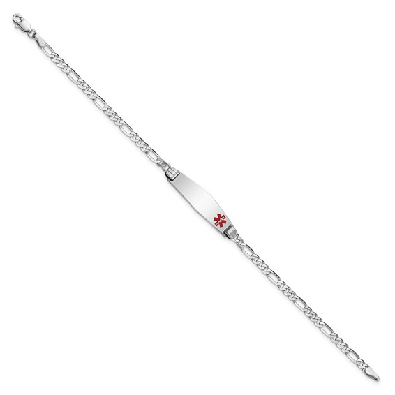 14K White Gold Medical Solid Chain/Solid Plate 26x7mm Soft Diamond Shape Off-Center Red Enamel Figaro Link 7 inch ID Bracelet