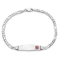 14K White Gold Medical Solid Chain Solid Plate 26x7mm Soft Diamond Shape Off-Center Red Enamel Figaro Link 7 Inch ID Bracelet view 4