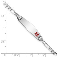 14K White Gold Medical Solid Chain Solid Plate 26x7mm Soft Diamond Shape Off-Center Red Enamel Figaro Link 7 Inch ID Bracelet view 3