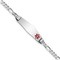 14K White Gold Medical Solid Chain Solid Plate 26x7mm Soft Diamond Shape Off-Center Red Enamel Figaro Link 7 Inch ID Bracelet view 1