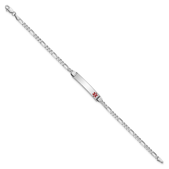 14K White Gold Medical Solid Chain/Solid Plate 26x5mm Off-Center Red Enamel Figaro Link 7 inch ID Bracelet