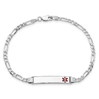 14K White Gold Medical Solid Chain Solid Plate 26x 5mm Off-Center Red Enamel Figaro Link ID Bracelet, 7" view 4