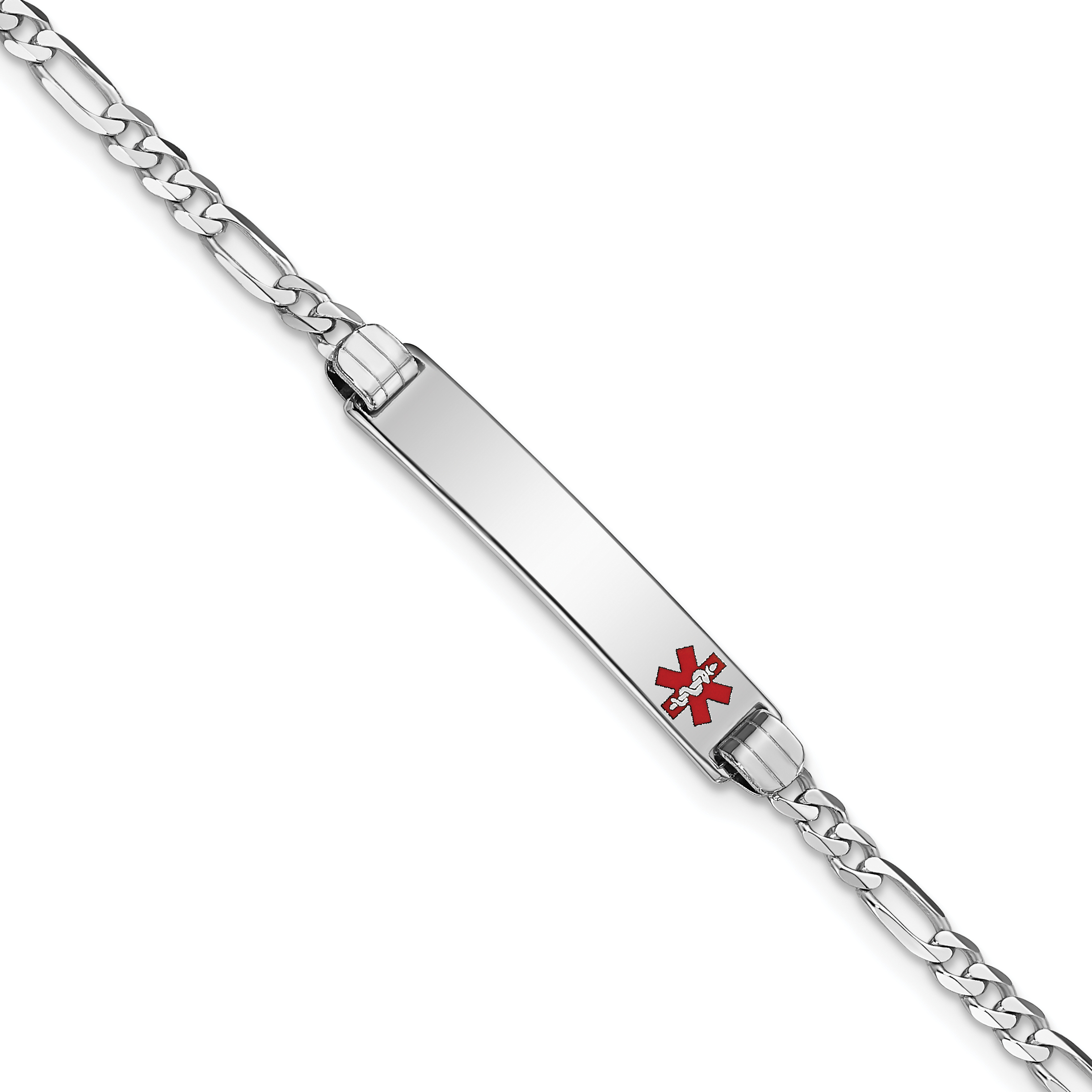 14K White Gold Medical Solid Chain/Solid Plate 26x5mm Off-Center Red Enamel Figaro Link 7 inch ID Bracelet (XM584FRW-7)