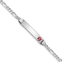 14K White Gold Medical Solid Chain Solid Plate 26x 5mm Off-Center Red Enamel Figaro Link ID Bracelet, 7" view 1