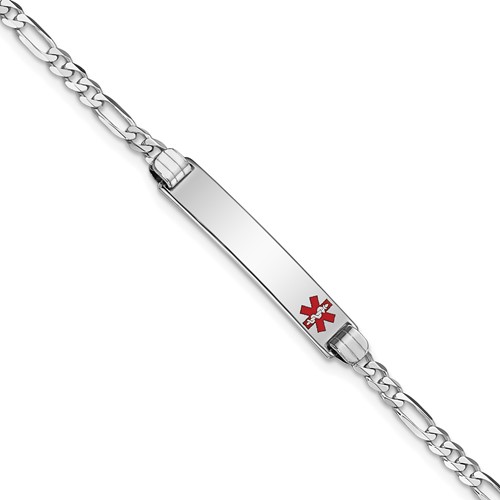 14K White Gold Medical Solid Chain Solid Plate 26x 5mm Off-Center Red Enamel Figaro Link ID Bracelet, 7"