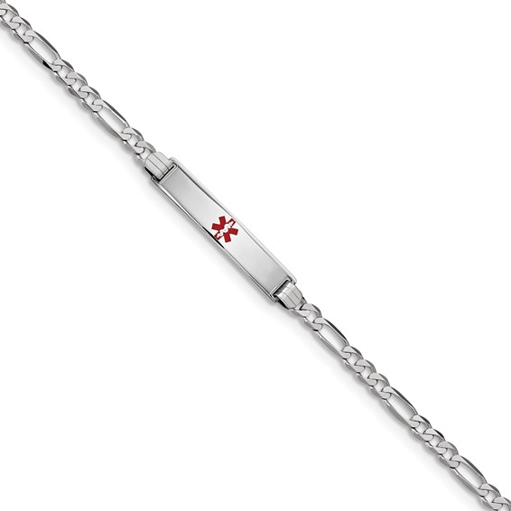 14K White Gold Medical Red Enamel Figaro Link ID Bracelet