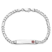 14K White Gold Medical Solid Chain Solid Plate 26x 5mm Off-Center Red Enamel Figaro Link ID Bracelet, 7" view 4