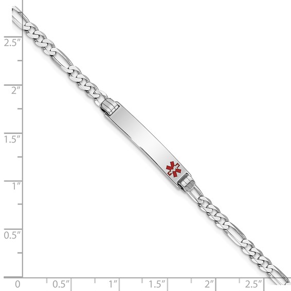 14K White Gold Medical Solid Chain/Solid Plate 26x5mm Off-Center Red Enamel Figaro Link 7 inch ID Bracelet