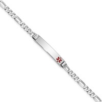 14K White Gold Medical Solid Chain Solid Plate 26x 5mm Off-Center Red Enamel Figaro Link ID Bracelet, 7" view 1