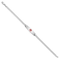 14K White Gold Medical Solid Chain Solid Plate 24x 7mm Soft Diamond Shape Centered Red Enamel Flat Curb Link ID Bracelet, 7" view 2