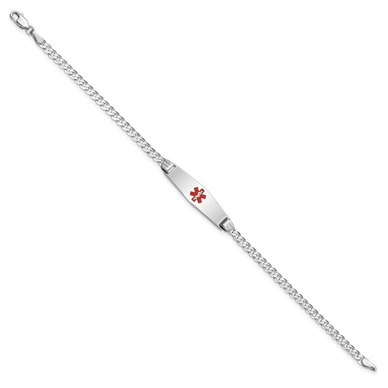 14K White Gold Medical Solid Chain/Solid Plate 24x7mm Soft Diamond Shape Centered Red Enamel Flat Curb Link 8 inch ID Bracelet