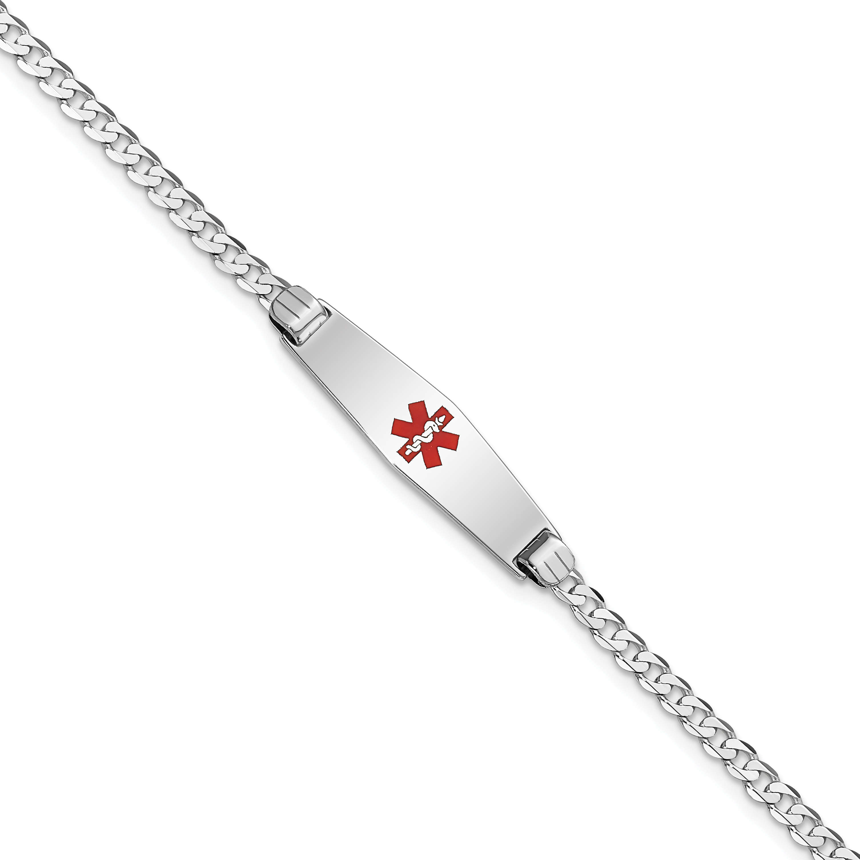 14K White Gold Medical Solid Chain/Solid Plate 24x7mm Soft Diamond Shape Centered Red Enamel Flat Curb Link 8 inch ID Bracelet (XM586CCW-8)