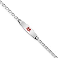 14K White Gold Medical Solid Chain Solid Plate 24x 7mm Soft Diamond Shape Centered Red Enamel Flat Curb Link ID Bracelet, 7" view 1