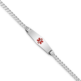 14K White Gold Medical Solid Chain/Solid Plate 24x7mm Soft Diamond Shape Centered Red Enamel Flat Curb Link 8 inch ID Bracelet